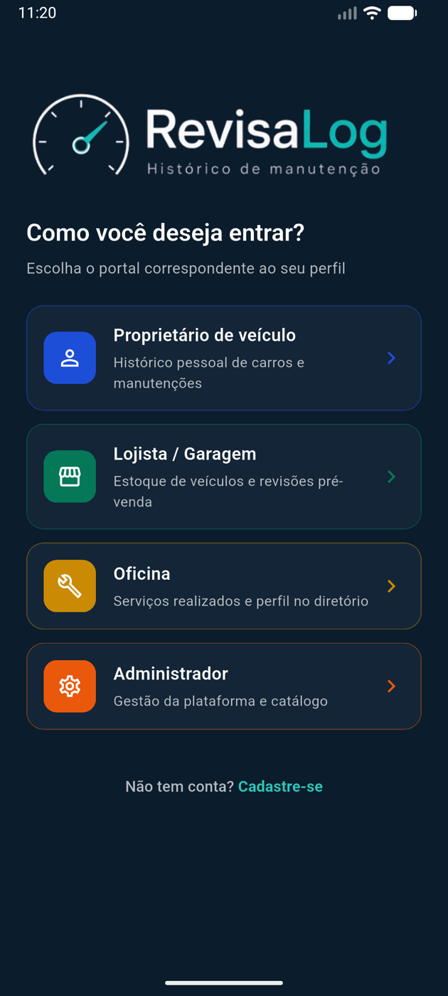 App RevisaLog: escolha do perfil para entrar