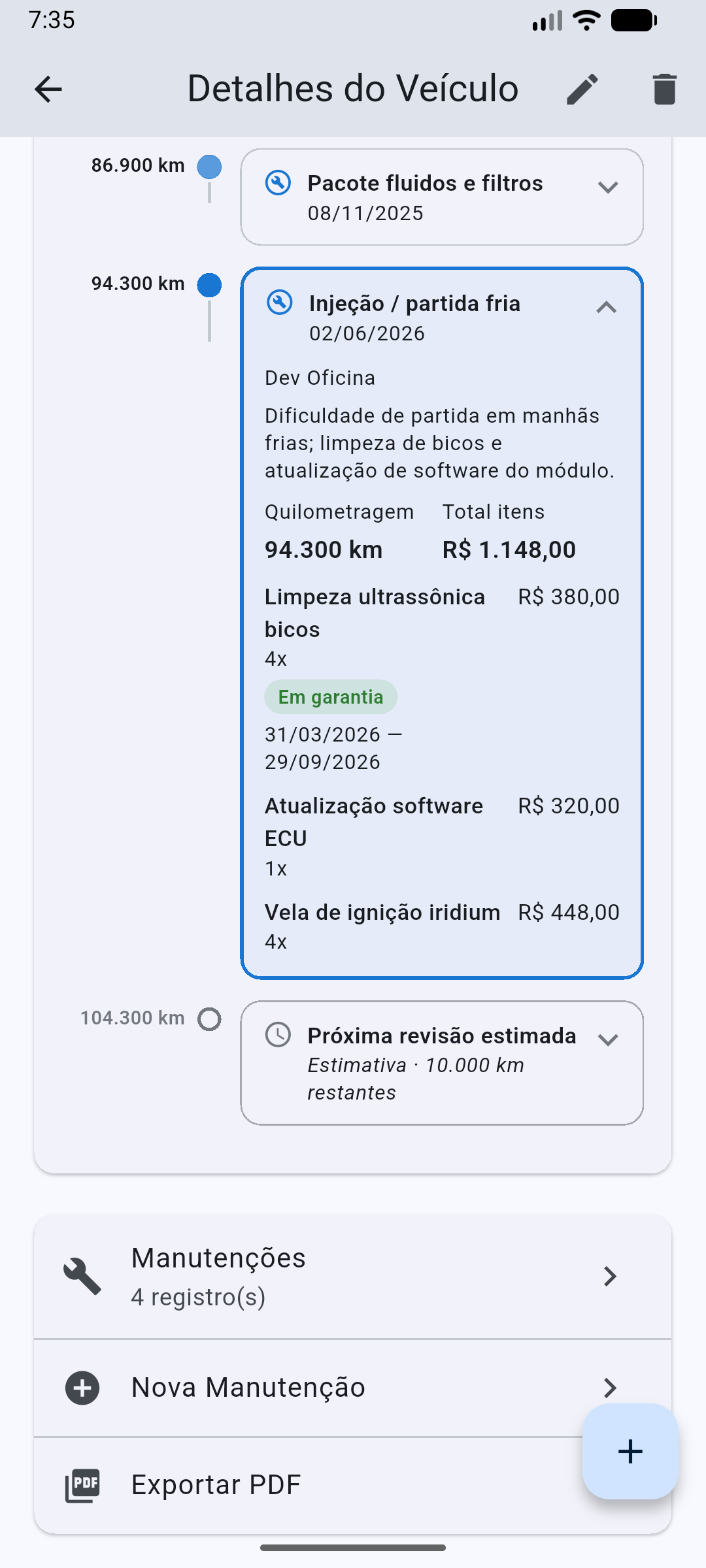 App RevisaLog: linha do tempo do veículo, da manutenção mais antiga à mais recente