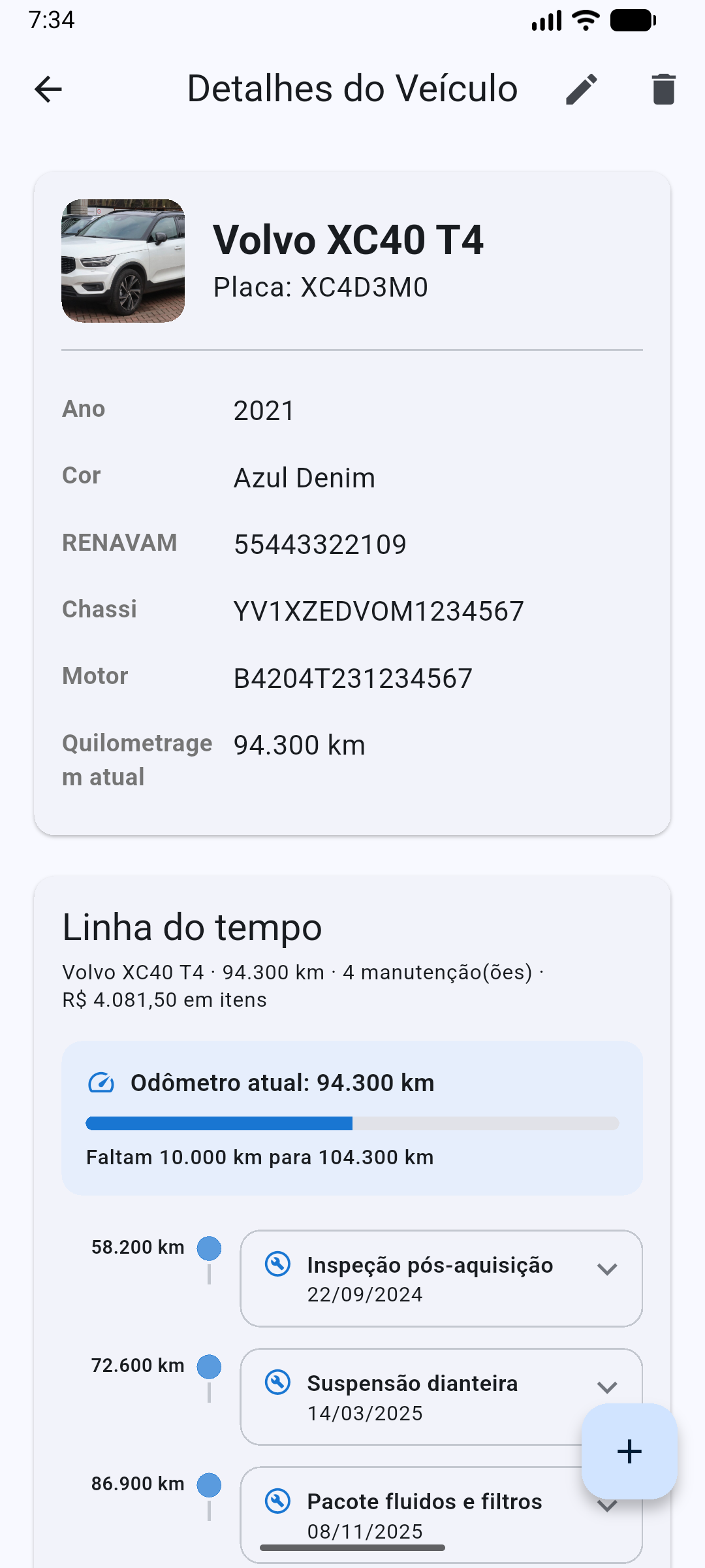 App RevisaLog: ficha do veículo com chassi, RENAVAM e linha do tempo